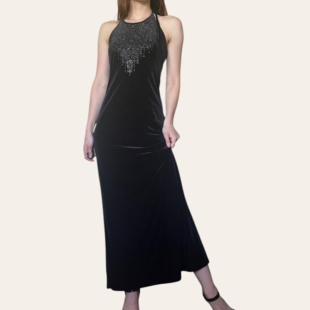 90s vintage sparkly black velvet high neck whimsigoth prom dress Rampage